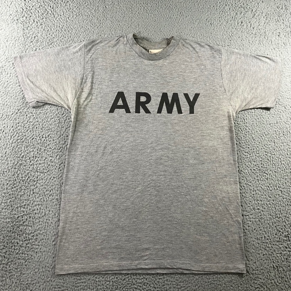 VTG 80s 90s US Army PT Graphic T-Shirt M Gray Military Issue Spellout Distressed